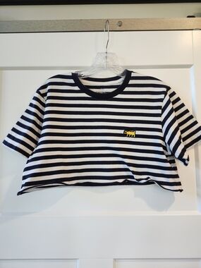 Striped Navy & White Crop Tee with Yellow Patch